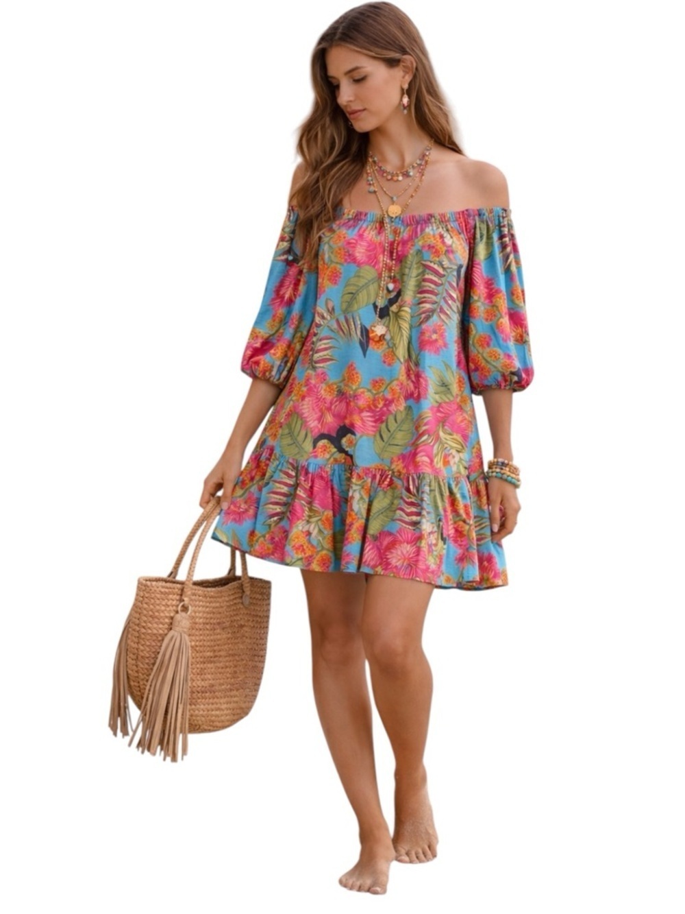 Rachael Ray Tropical Paradise Off-Shoulder Dress Size Small Boho Coastal Western